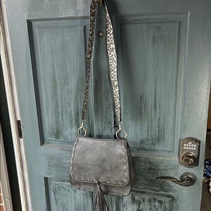 Stud-Accented Gray Crossbody Bag with Leopard Strap